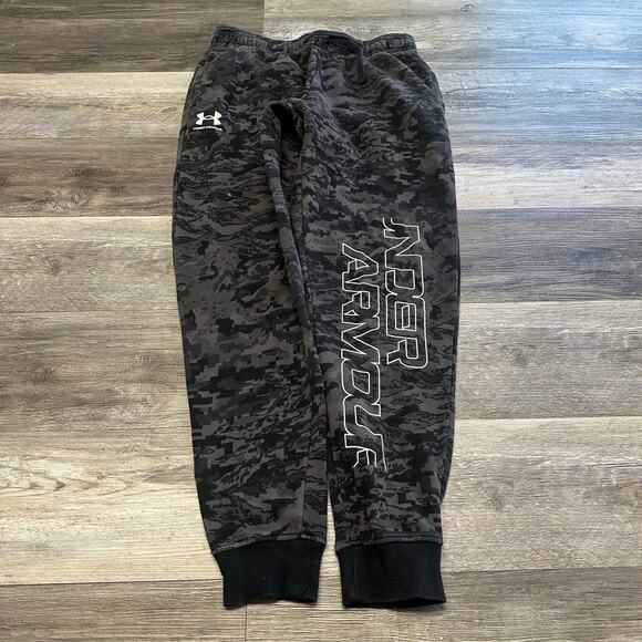 UA Rival Fleece Gray Black Digi Camo Mens L Script Logo UA Loose Joggers Pants - Picture 1 of 12